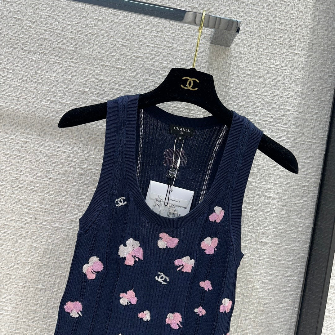 Chanel 2403 - Ажурный ребристый вязаный жилет - Синий