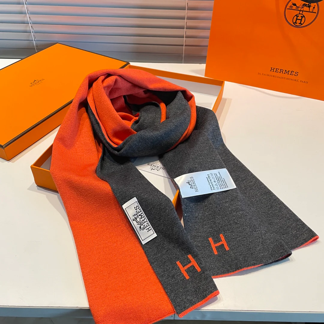 Вязаный кашемировый двусторонний шарф Hermes - 32 см - 180 см - оранжево-серый