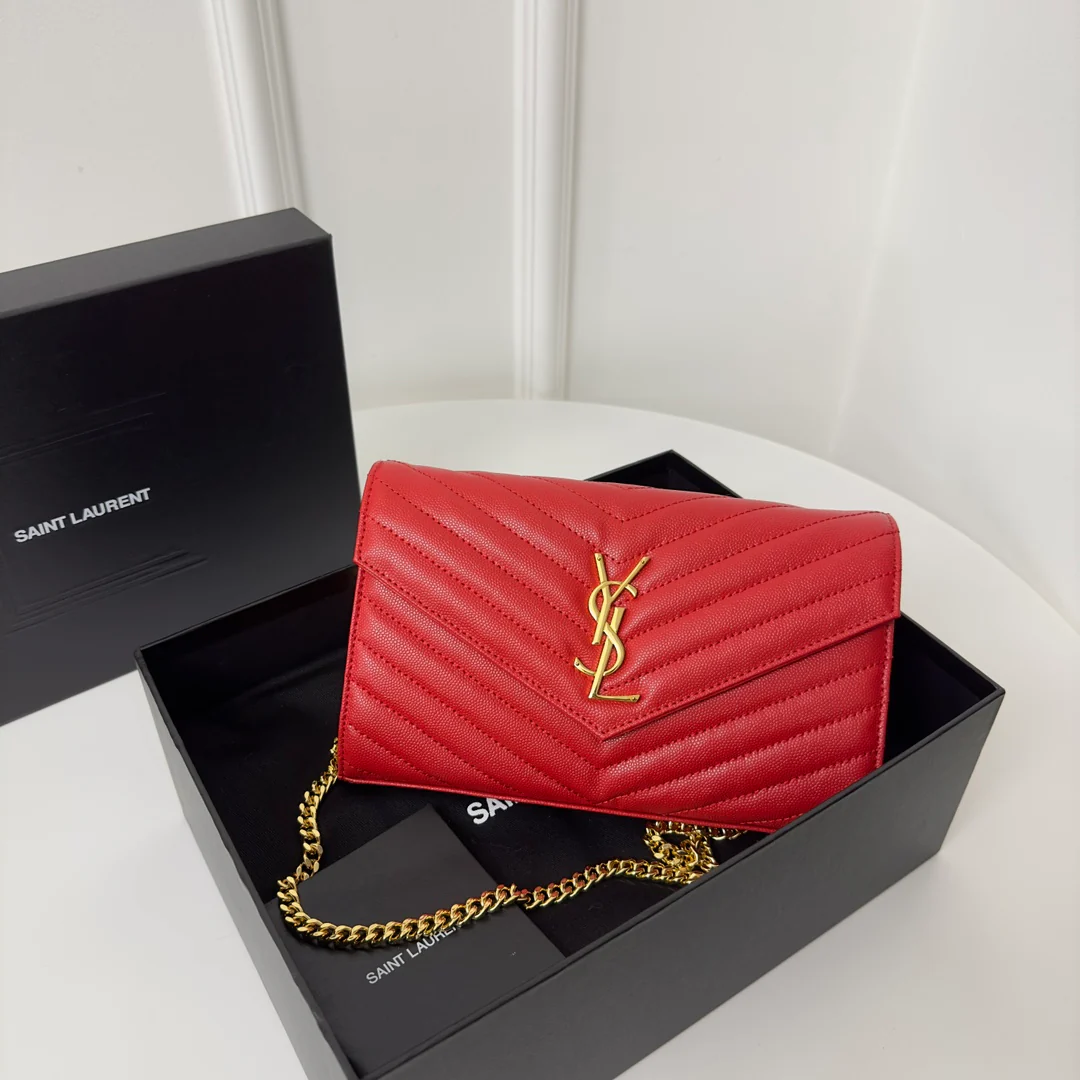YSL монограмма Caviar WOC - красная с золотой фурнитурой - 22 см