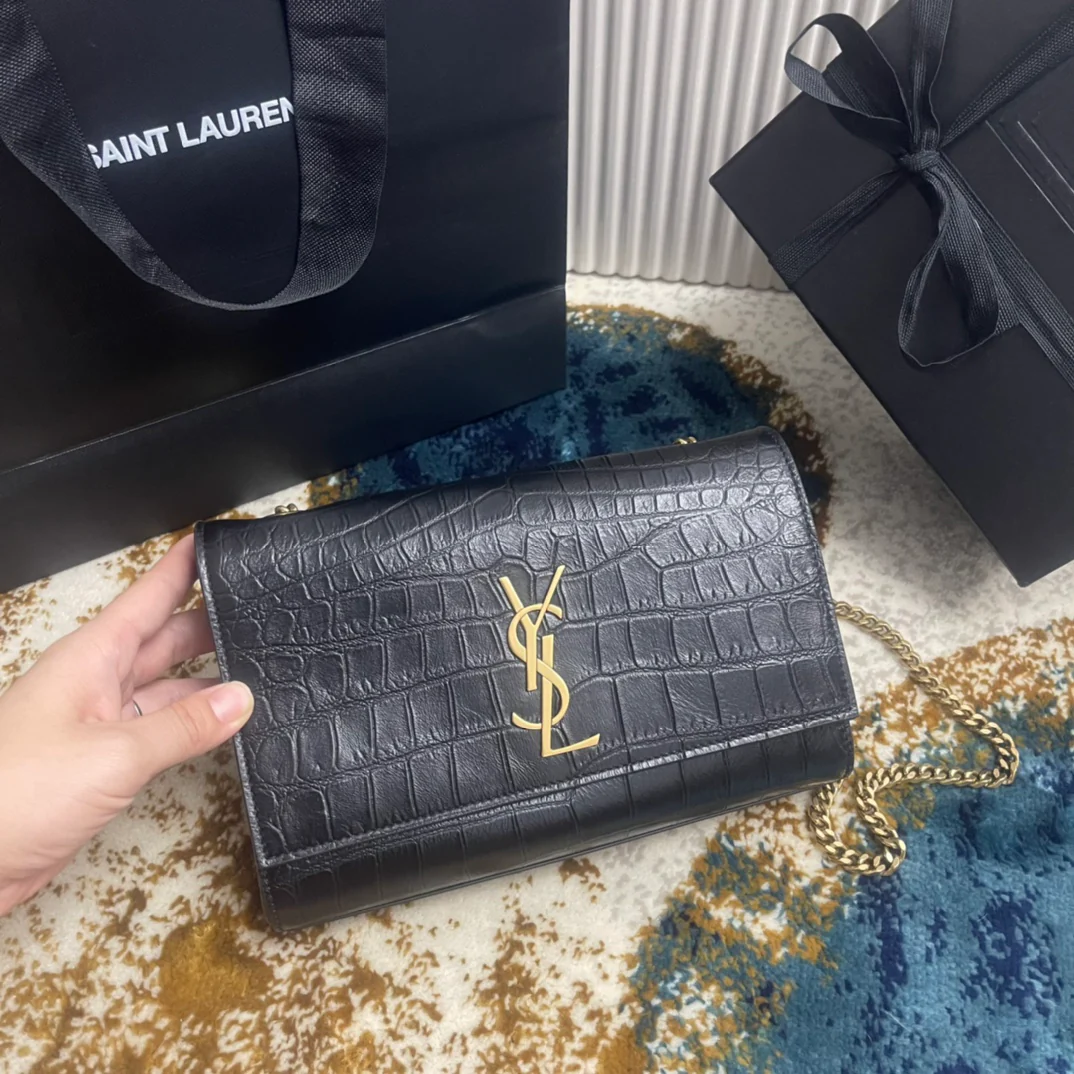 YSL-Kate Double Bread - Кожа с тиснением под крокодила - Черный - 22 см