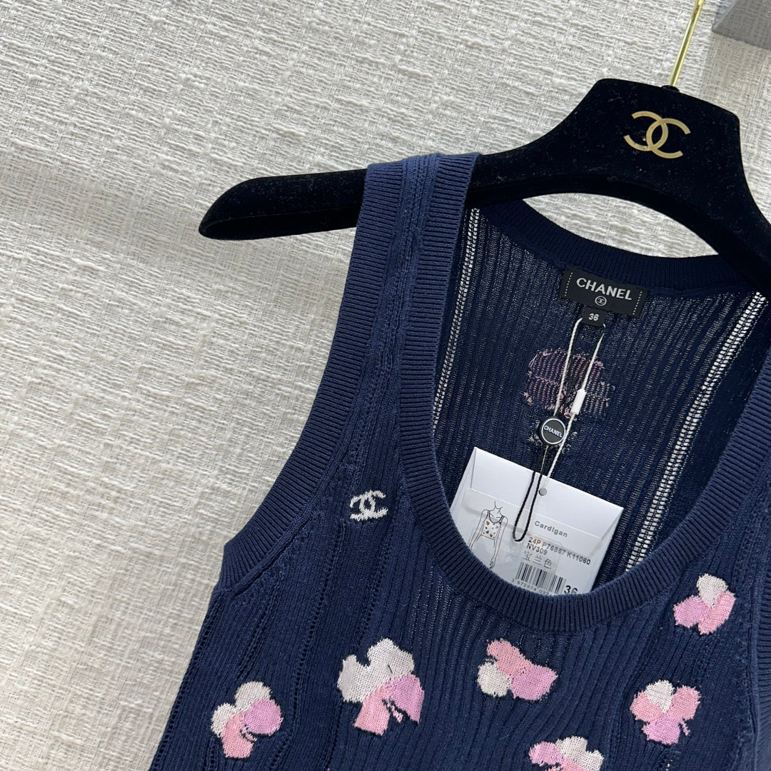 Chanel 2403 - Ажурный ребристый вязаный жилет - Синий