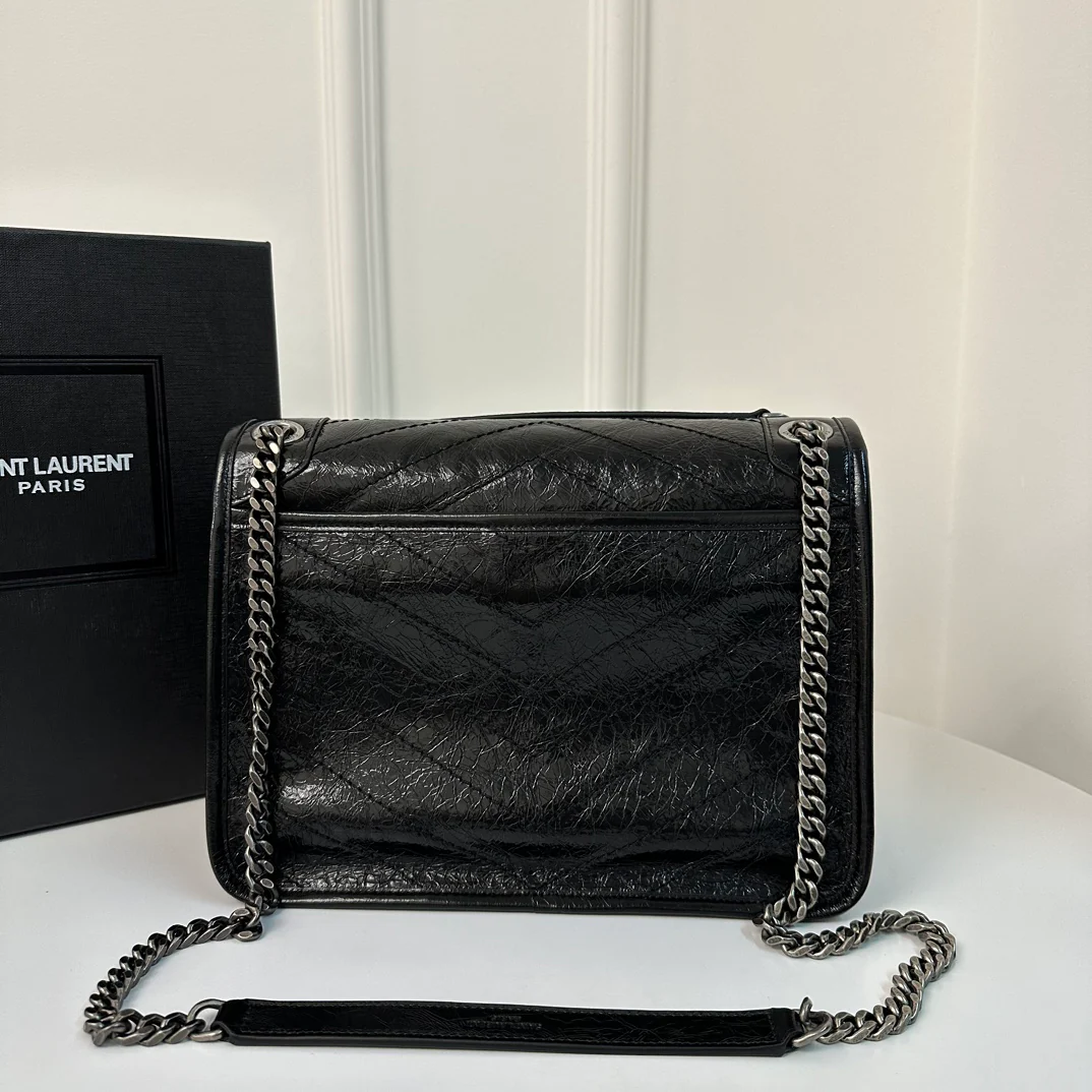 YSL Niki Baby 28 см, кожаная цепочка, черная, античное серебро