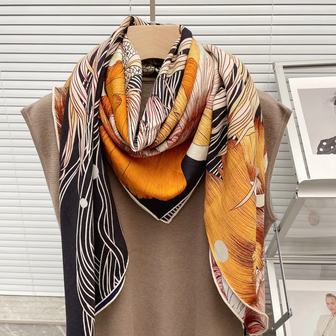 Большой двусторонний шарф Hermes - 136 см - 30 - Шелк 70 - Шерсть - 9