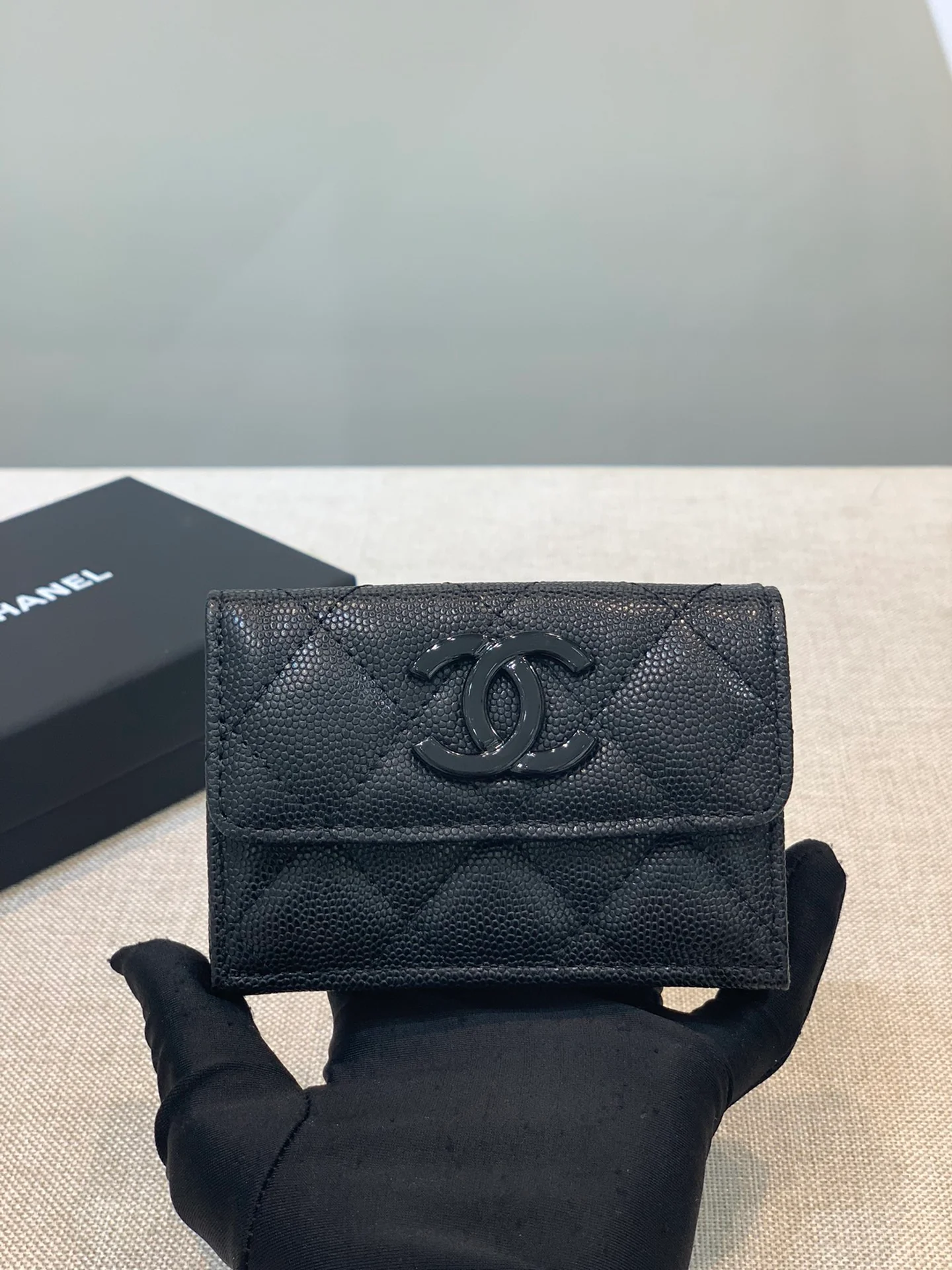 Chanel-菱格三折短夹 黑色