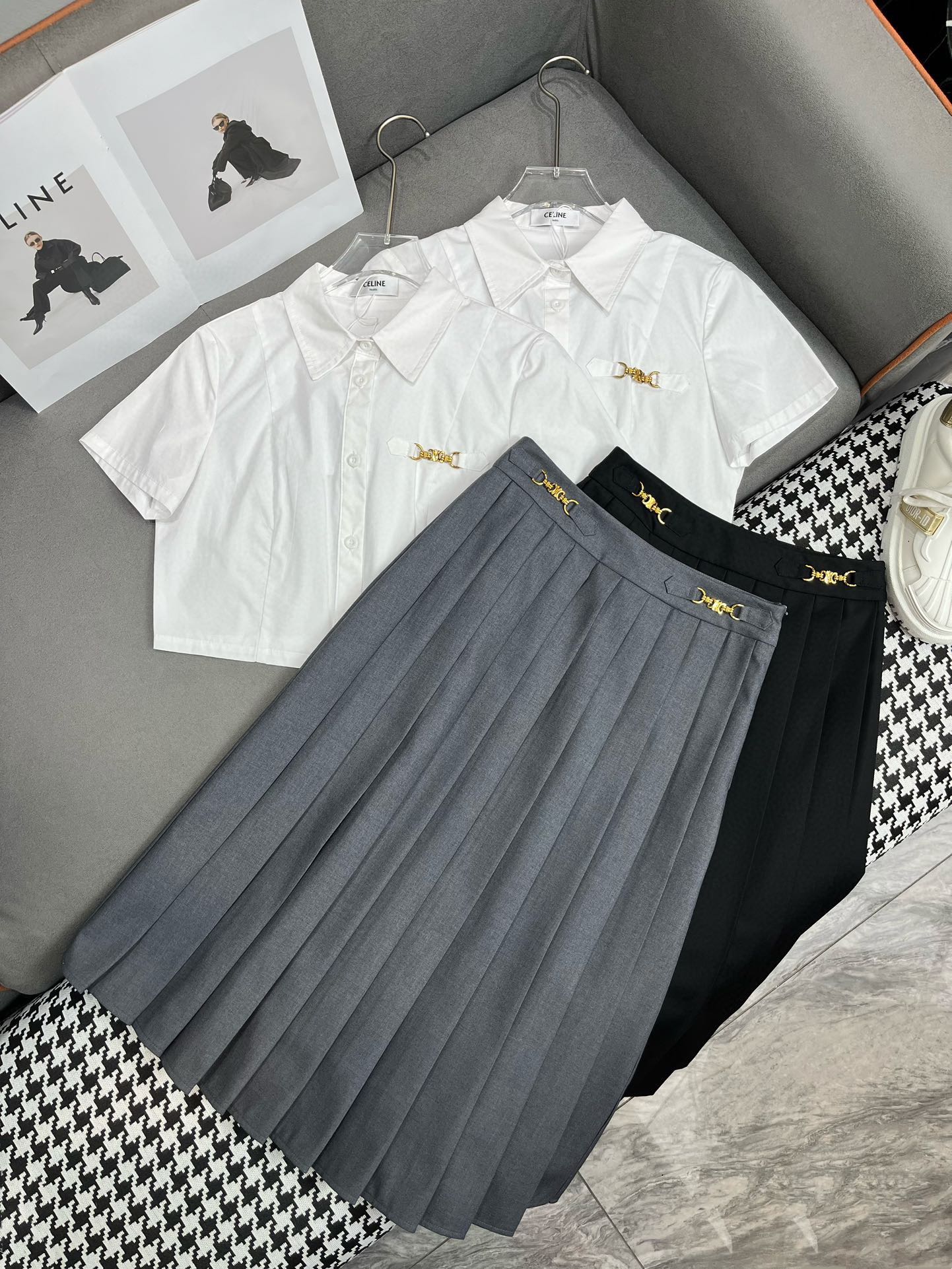 Летний комплект Celine 2403-24ss: короткая рубашка и длинная юбка - серый.