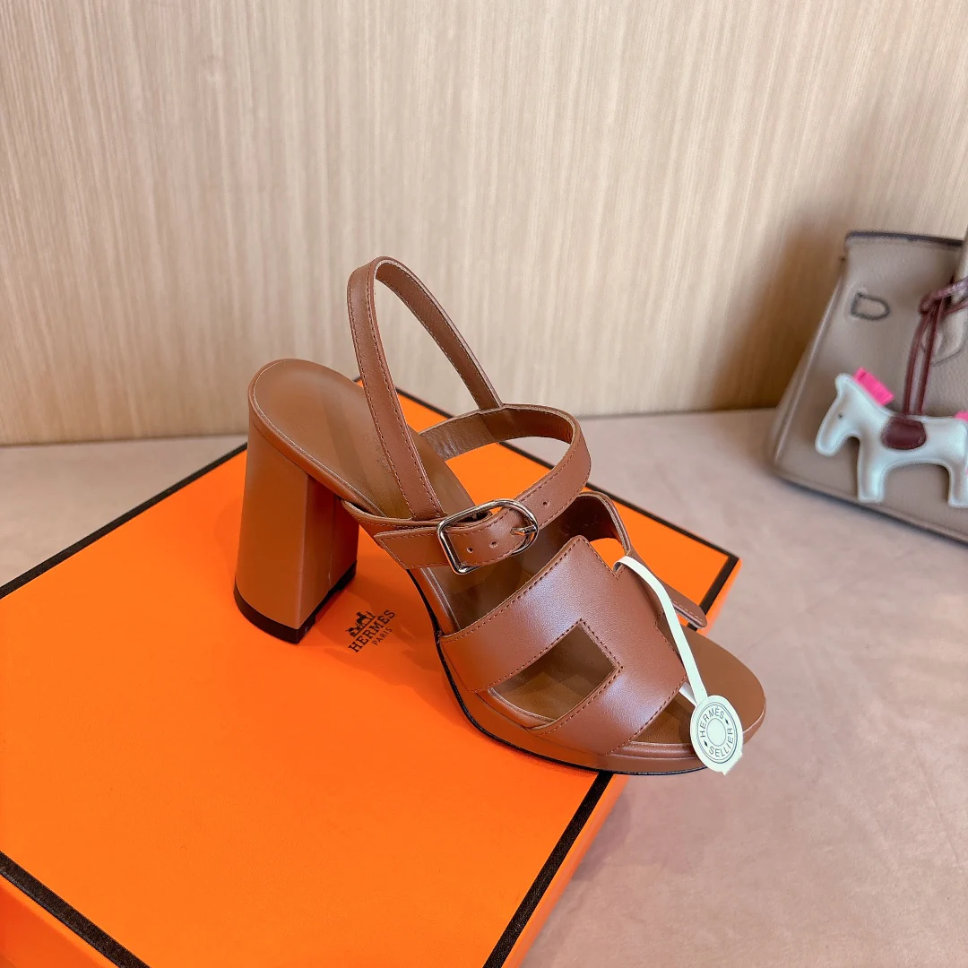 Модные сандалии Hermes 2024 из натуральной кожи - кофейно-коричневый