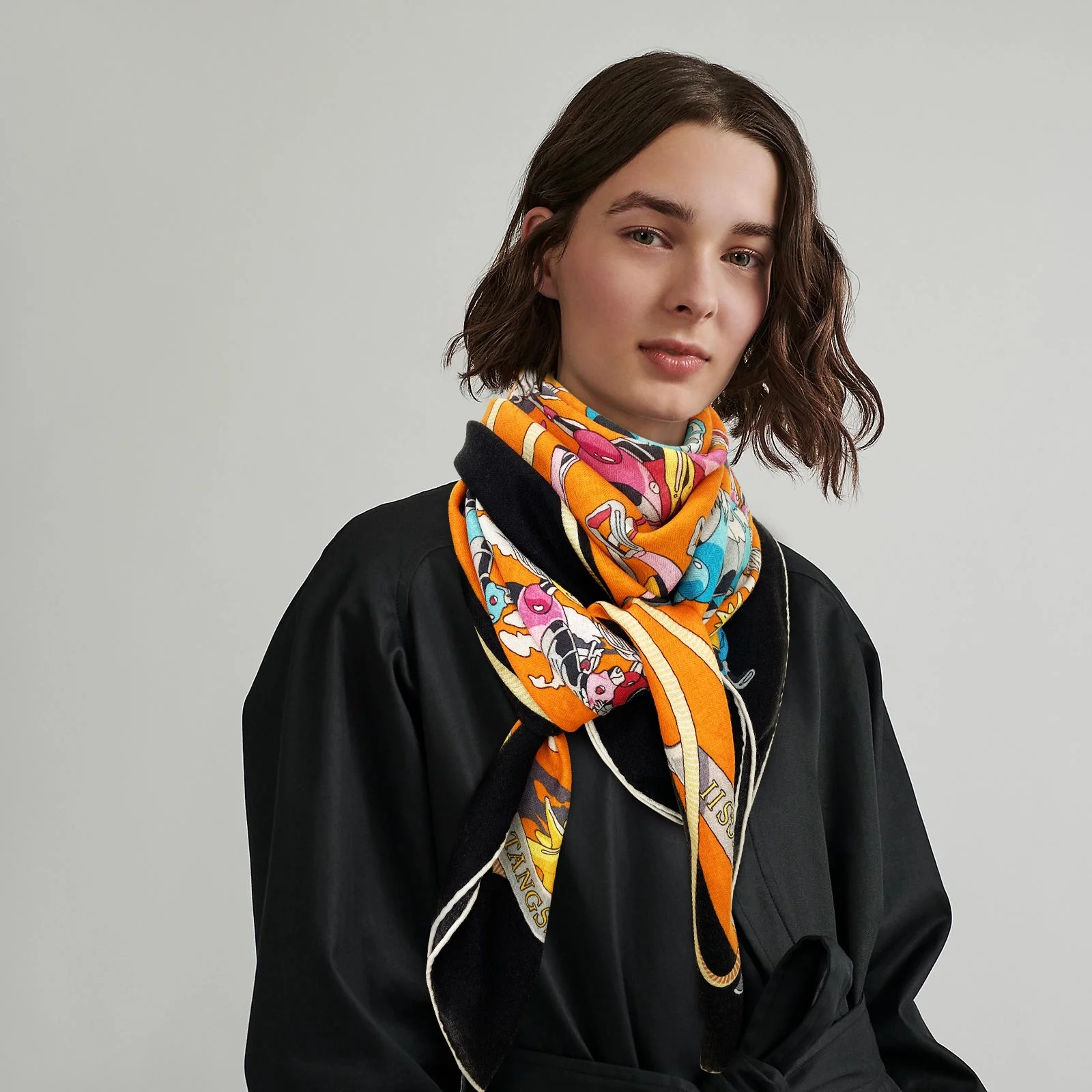 Квадратный шарф Hermes Mustang - 140 см - 70% кашемир - 30% шелк - оранжевый