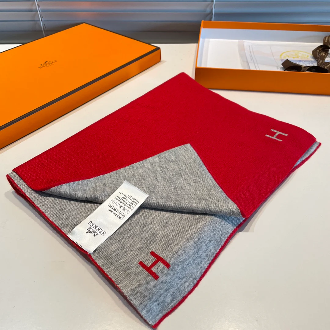 Вязаный кашемировый двусторонний шарф Hermes - 32 см - 180 см - красновато-серый