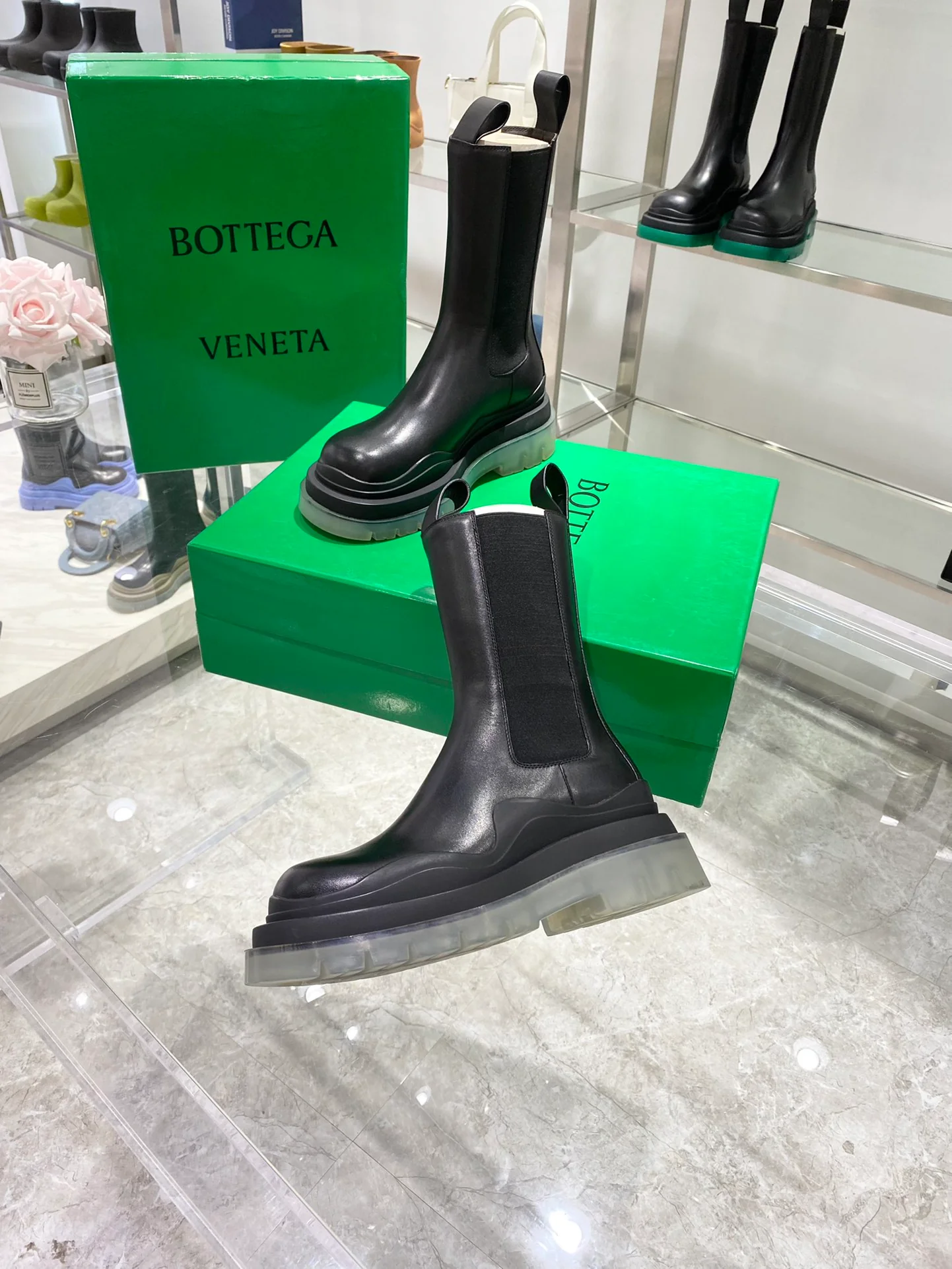 Сапоги BV до середины икры — черные — с прозрачной подошвой