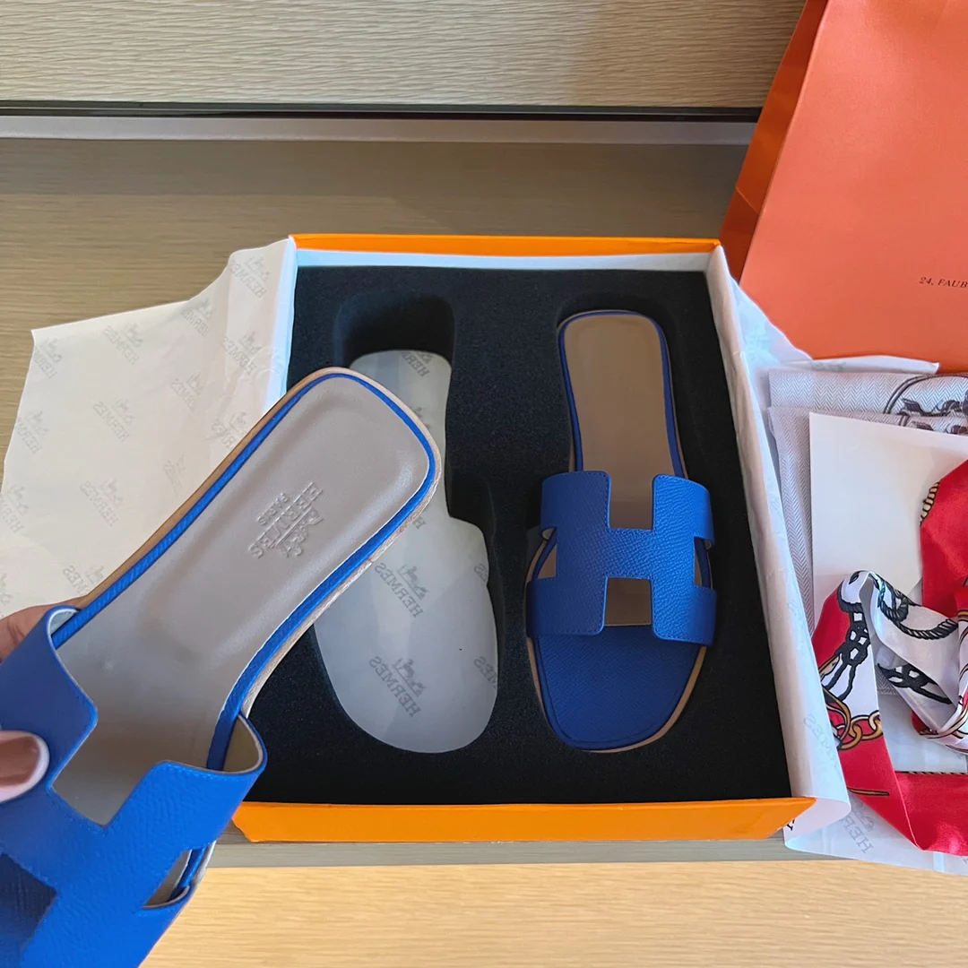 Тапочки Hermes-h на плоской подошве - серия с принтом пальм - 2