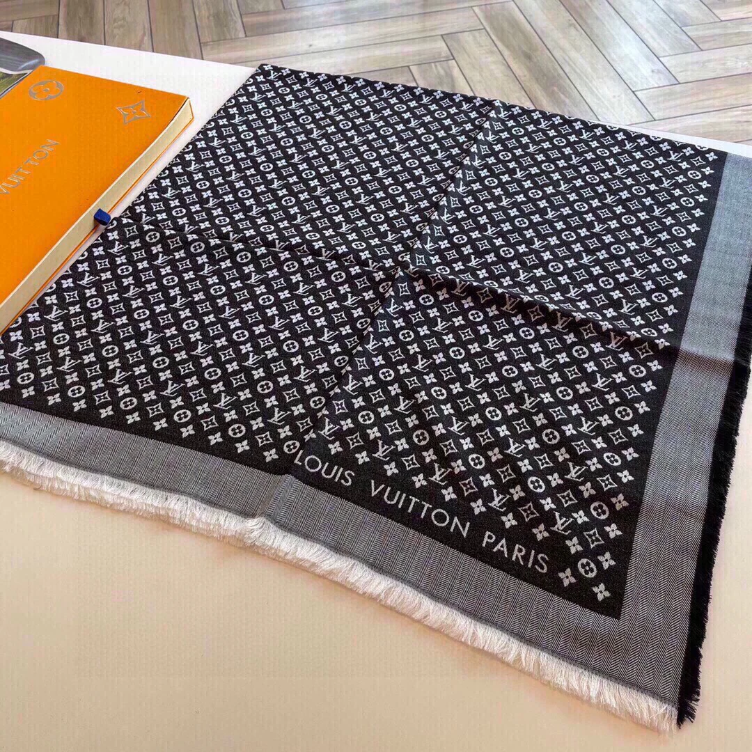 Жаккардовый шарф с логотипом LV - 120 см - 50 см - шерсть - 50 см - шелк тутового дерева - черный