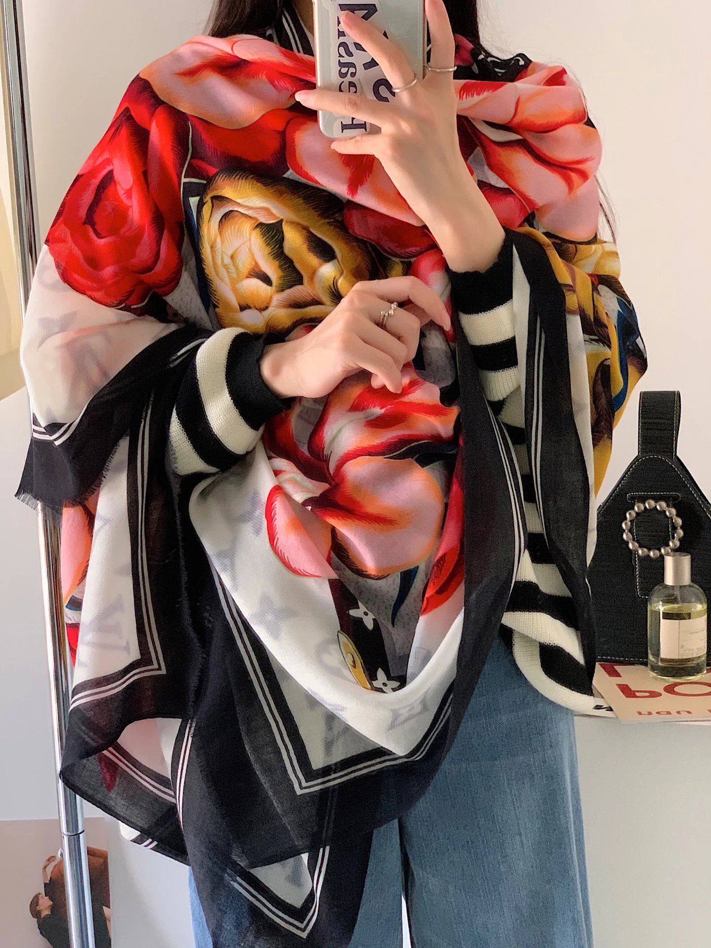 Длинный шарф LV с цветочным принтом - 100-200 см - Кашемир высшего качества (100%)