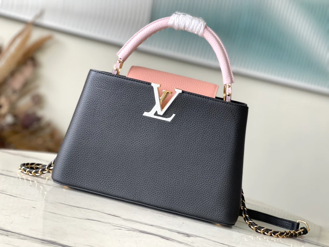 m21887-LV-Taurilon Leather-Capucines Handbag-Black/Pink-Medium Size