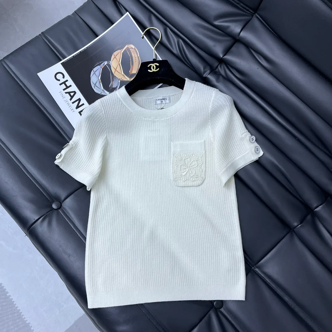 Свитер Chanel 2403 с карманом в виде четырехлистного клевера - белый