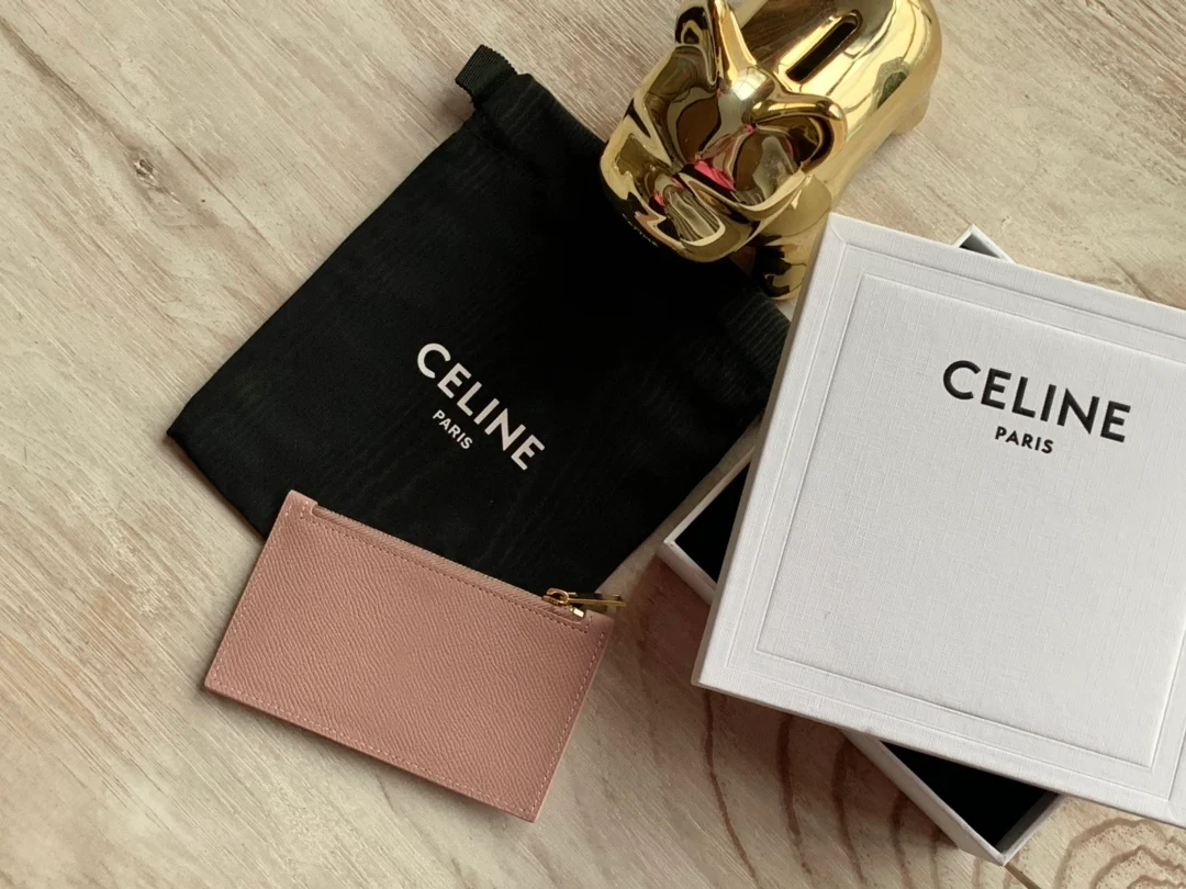 Кардхолдер Celine из зернистой телячьей кожи с застежкой-молнией - розовый