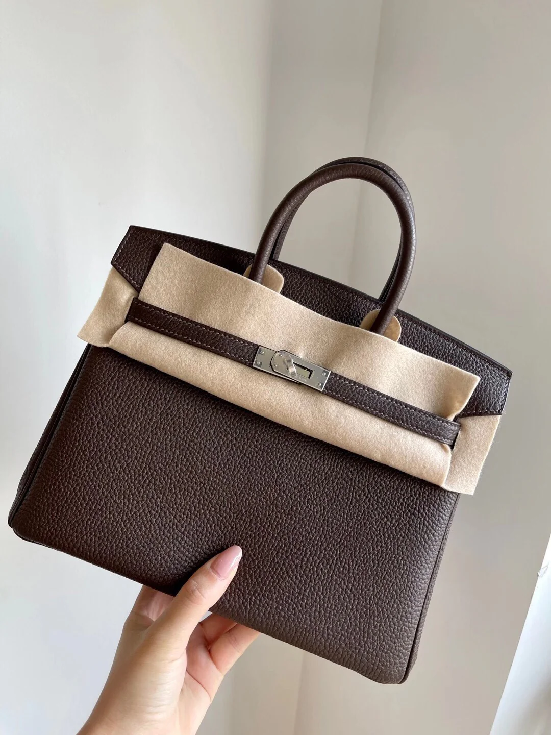 Сумка Hermes Birkin 25 Togo Ebony с внутренней панелью золотисто-коричневого цвета.