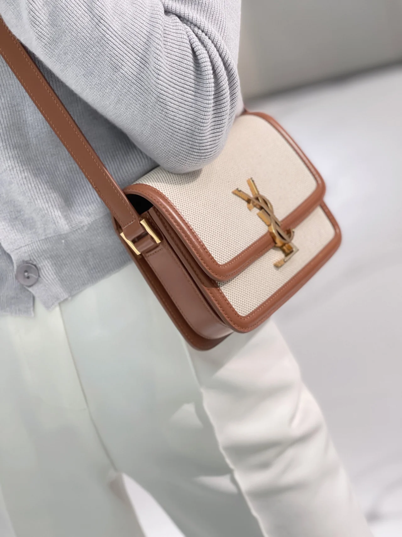 Сумка YSL Box Saint Laurent Tofu Bag - Большая - Хлопок, лен, бежевый