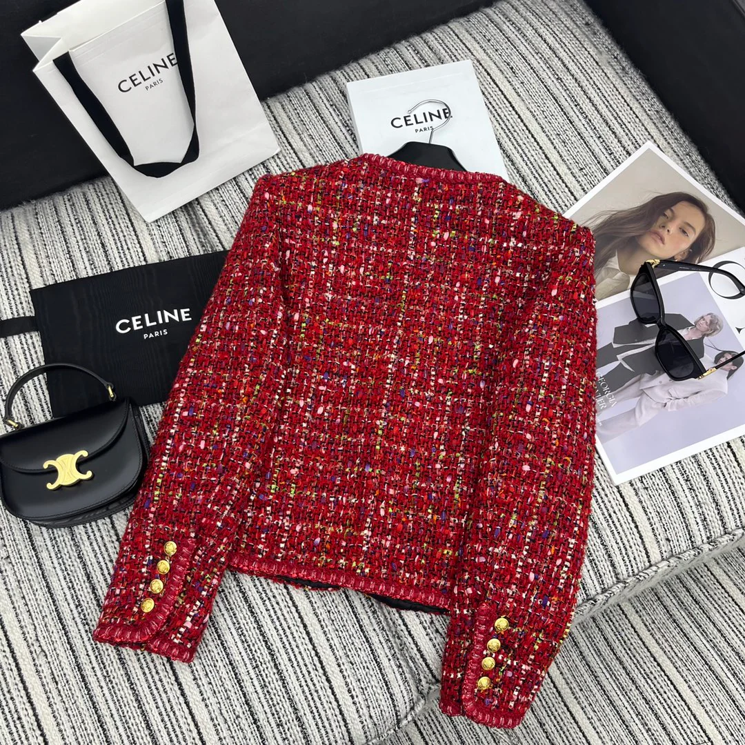 Celine - 2403 - Новая красная твидовая куртка для ранней весны 2024 года