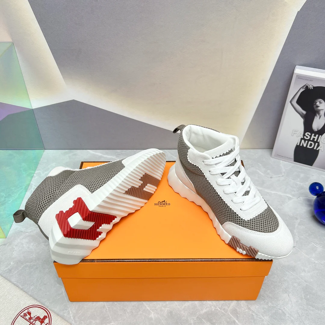 Новинка сезона весна/лето 2023 от Hermes - Дышащие сетчатые высокие повседневные кроссовки - Унисекс - Белый/Серый