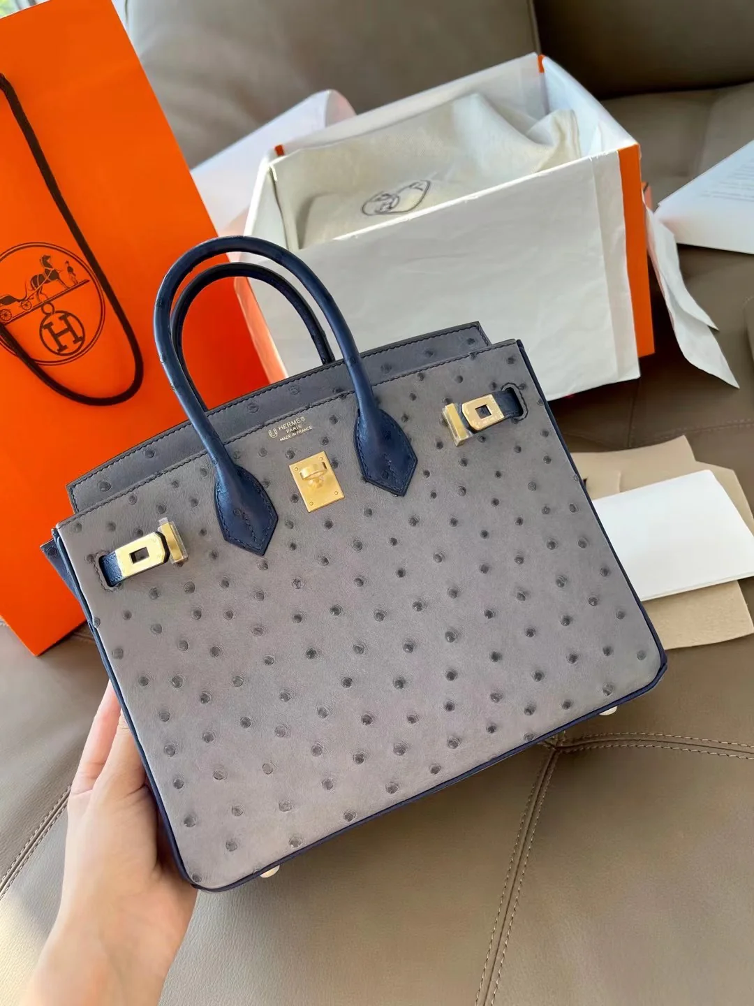 Сумка Hermes Birkin 25 из страусиной кожи, серо-агатового цвета с голубой отделкой и золотой пряжкой.