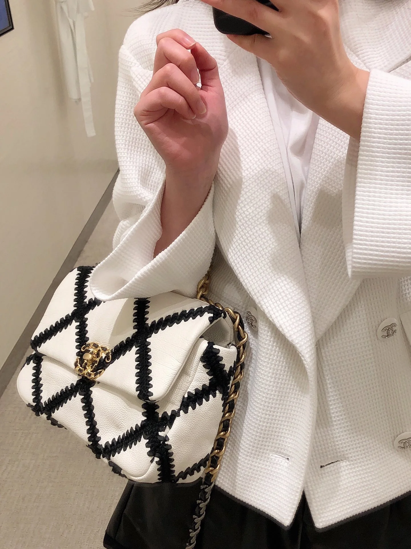 Сумка Chanel 19 - Кожаная - Черно-белый клетчатый узор