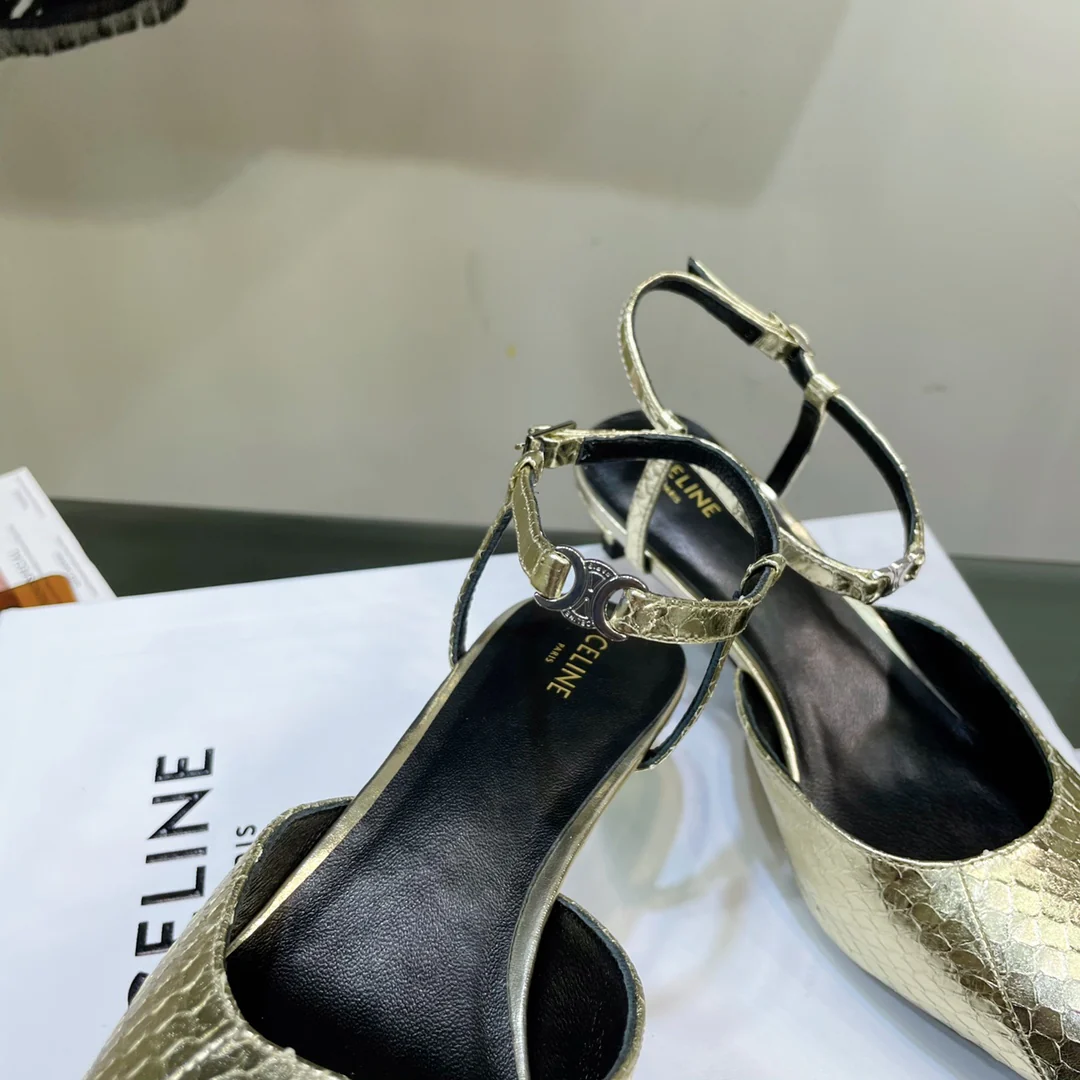 Новинка сезона весна/лето 2023 от Celine — сандалии на низком каблуке с острым носком.