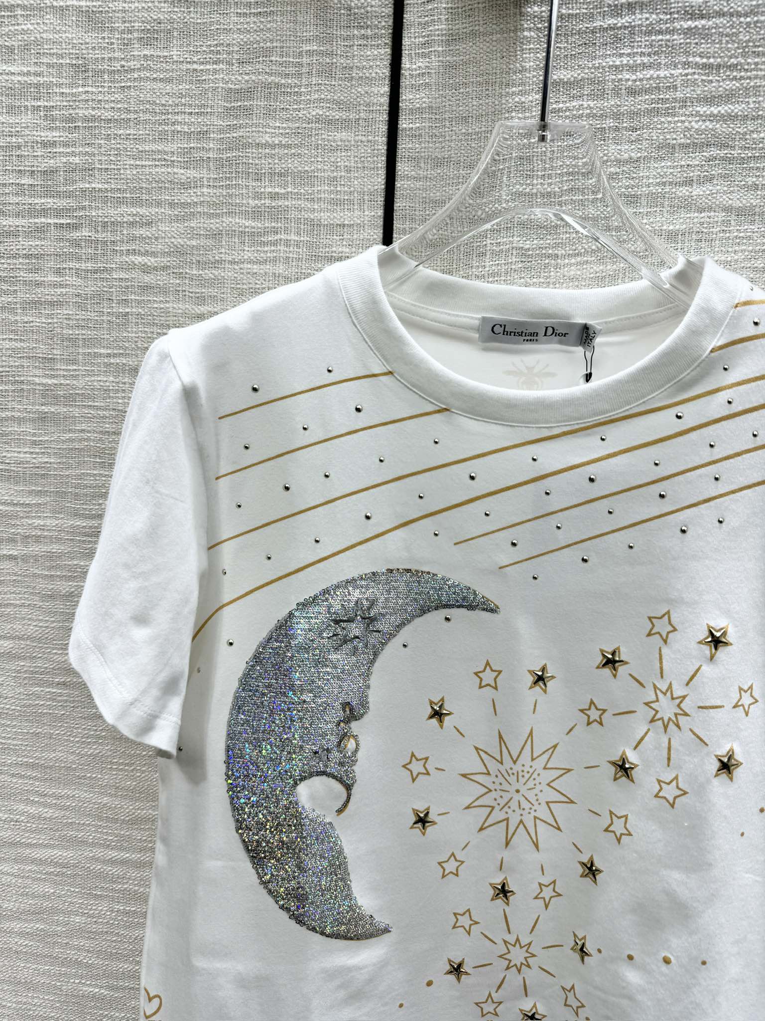 Dior - 2403 - 24 Весна/Лето Новейшая футболка с коротким рукавом и принтом из стразов - Белая