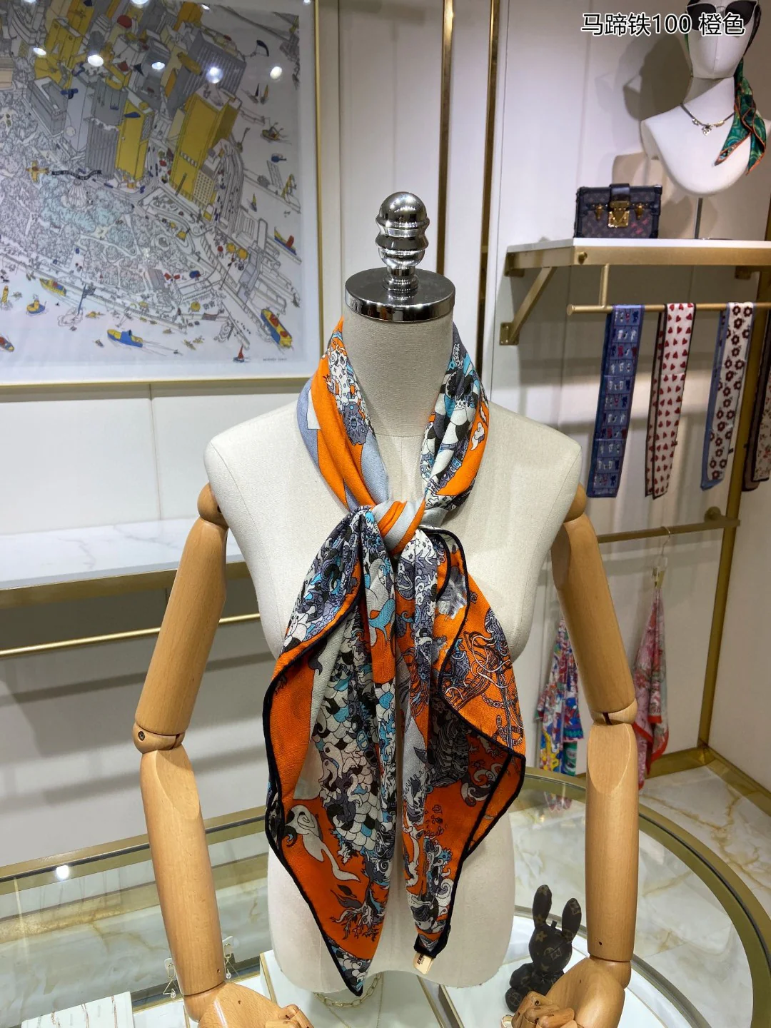 Кашемировый квадратный шарф Hermes в форме подковы - 100 см - 70 см - Кашемир - 30 см - Шелк