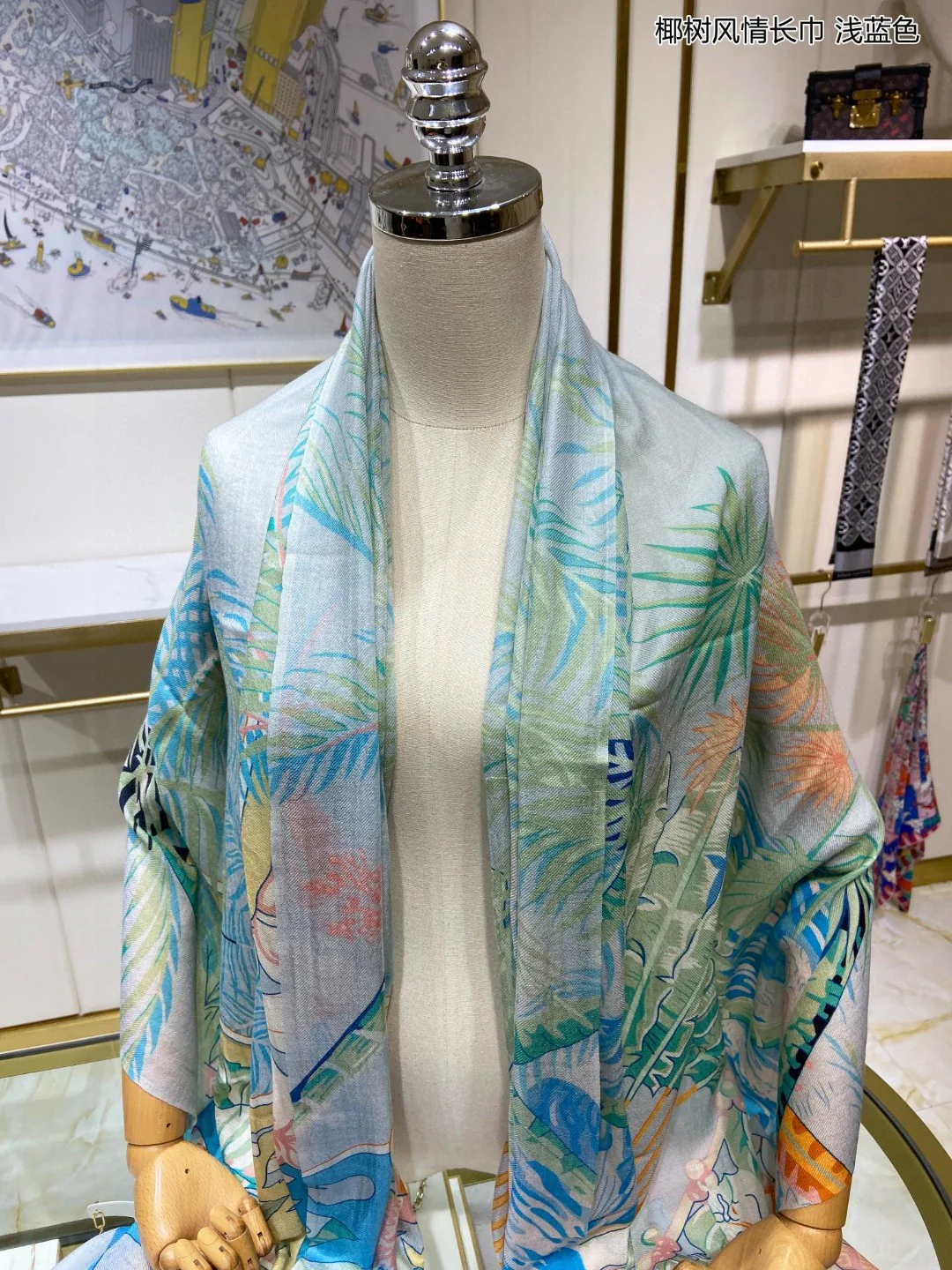 Длинный шарф Hermes в стиле ?Кокосовая пальма? — 110 см x 200 см — 100% высококачественный кашемир — синий.