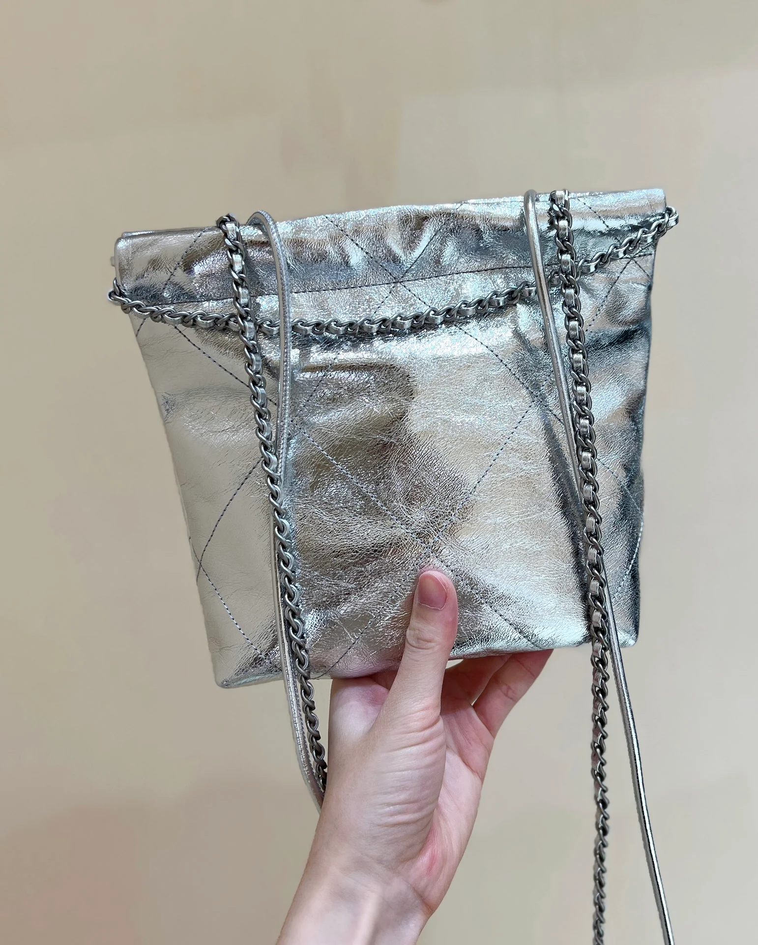 Chanel 25c 22bag mini metallic leather silver