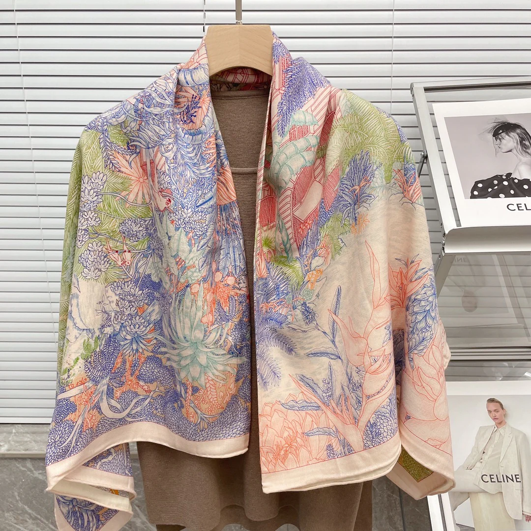 Большой двусторонний шарф Hermes - 140 см - 30 - Шелк 70 - Шерсть - 3