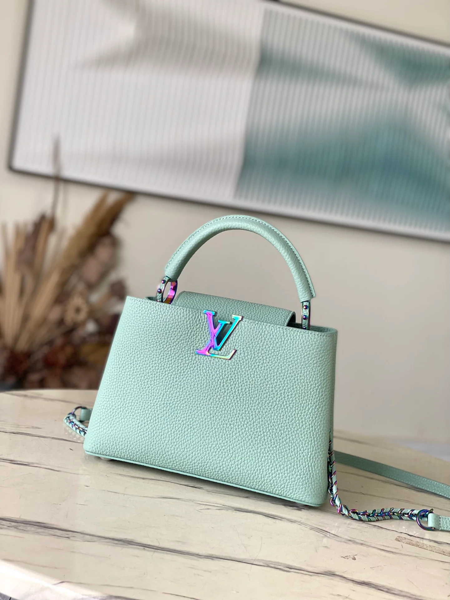 m22055-LV-Taurilon Leather-Capucines Handbag-Light Green with Spickled Gold Pulles-Small Size