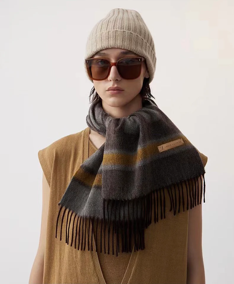 Двусторонний шарф LV Damier - 30 см (190 см) - с кисточками - 100% кашемир - коричневый