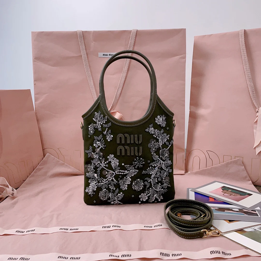 Сумка Miu Miu 5ba281 с вышивкой бисером в виде плюща - черная