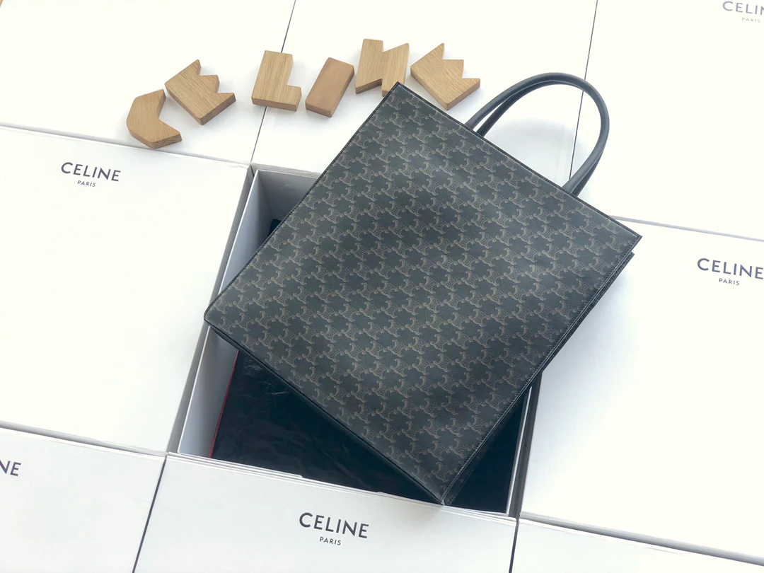 Вертикальная сумка Celine Cabas Triomphe из канваса и телячьей кожи.