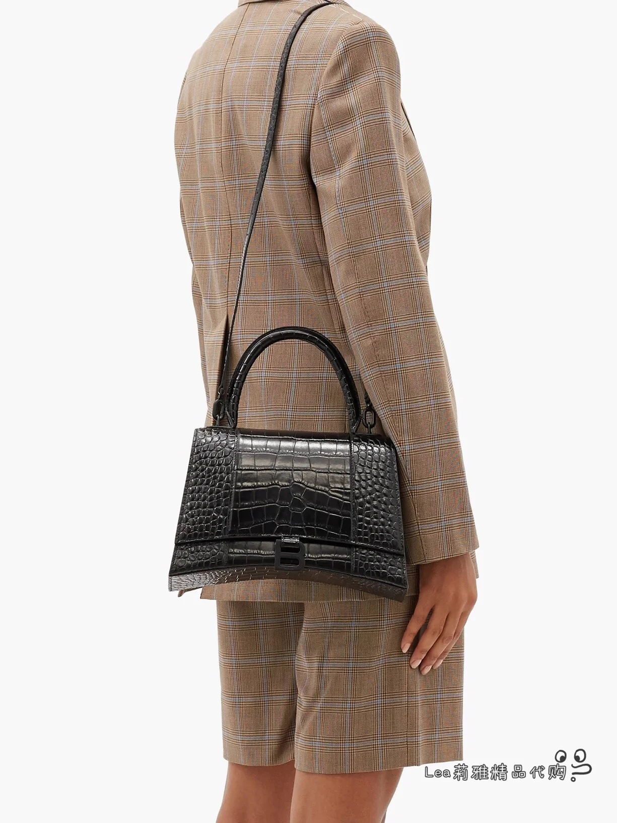 Сумка Balenciaga Hourglass - черная с пряжкой из крокодиловой кожи