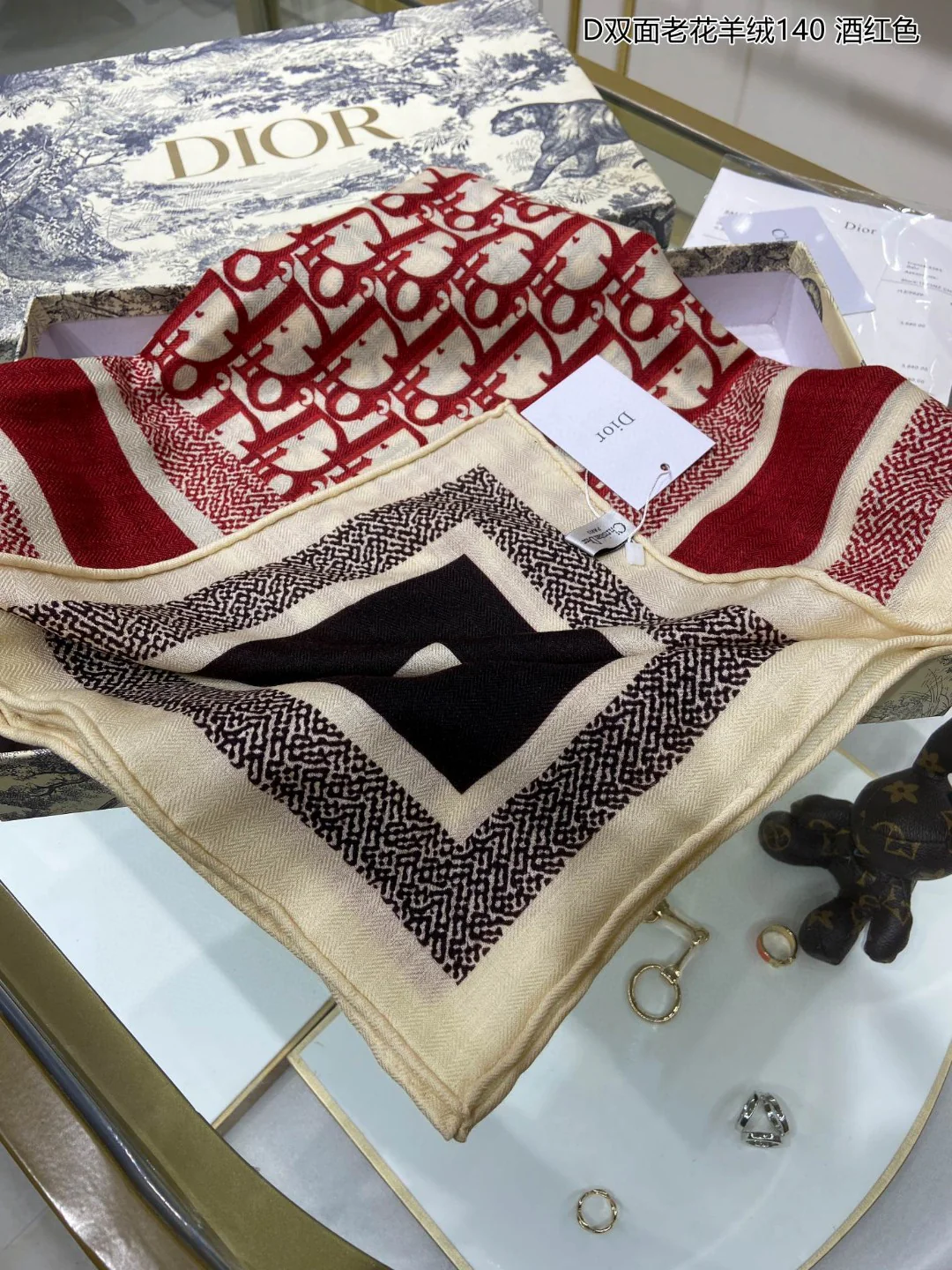 Двусторонний кашемировый квадратный шарф Dior с монограммой - 140 см - красный