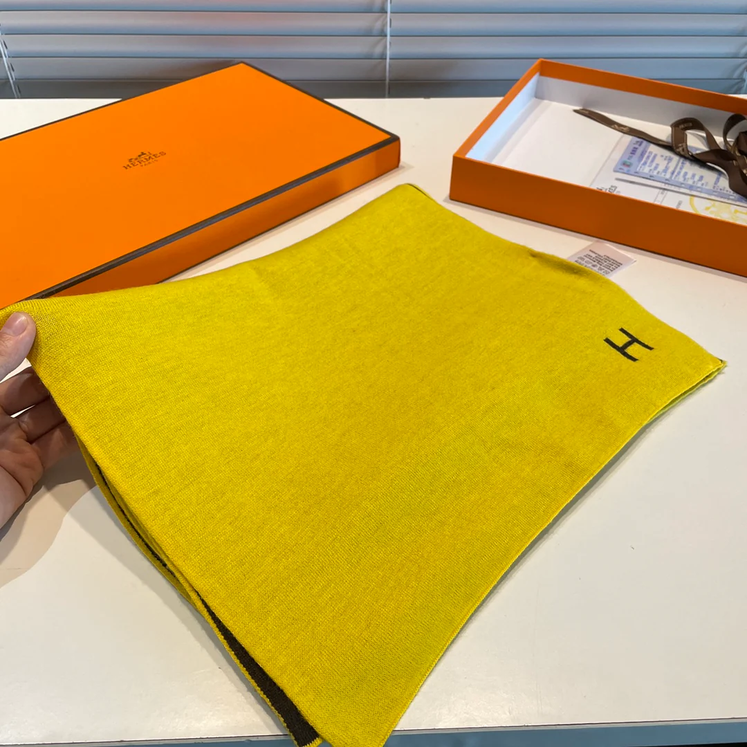 Вязаный кашемировый двусторонний шарф Hermes - 32 см - 180 см - желто-коричневый