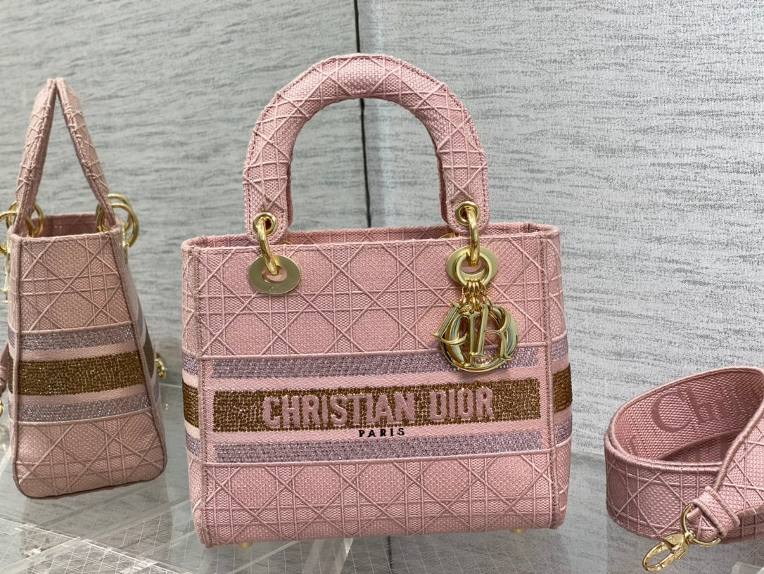 Сумка Dior Lady D Lite - вышивка розовым золотом - 24 см