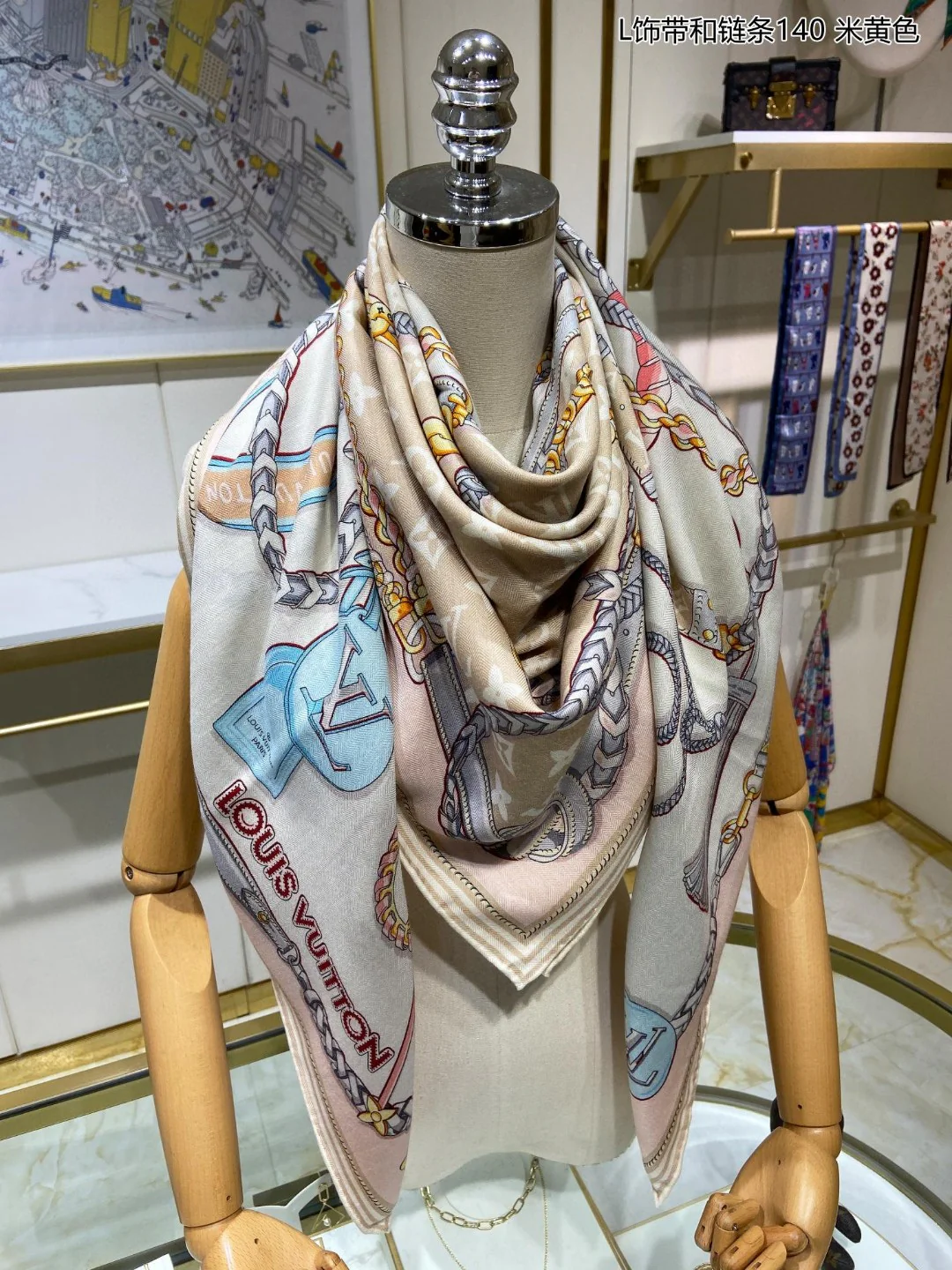 Квадратный шарф Hermes с лентой и цепочкой - 140 см - 70 см - кашемир - 30 см - шелк - 1 см