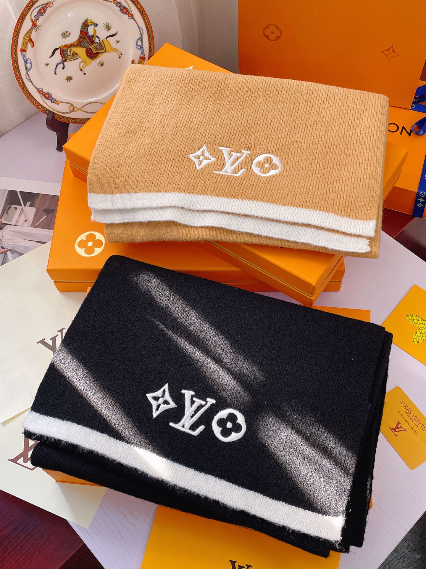 LV - Кашемировый вязаный шарф премиум-класса - 35 см - 200 см - Черный