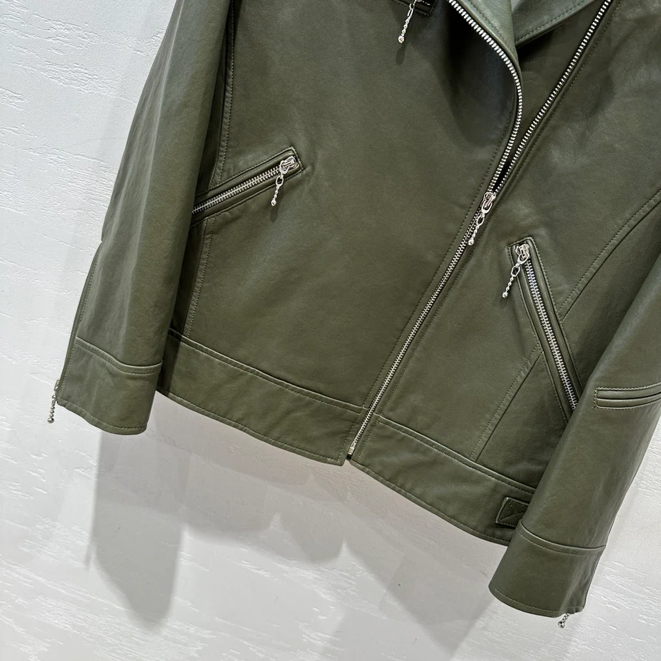 Balenciaga - 2403 - Новинка ранней весны - Стильная кожаная мотоциклетная куртка - Оливково-зеленый