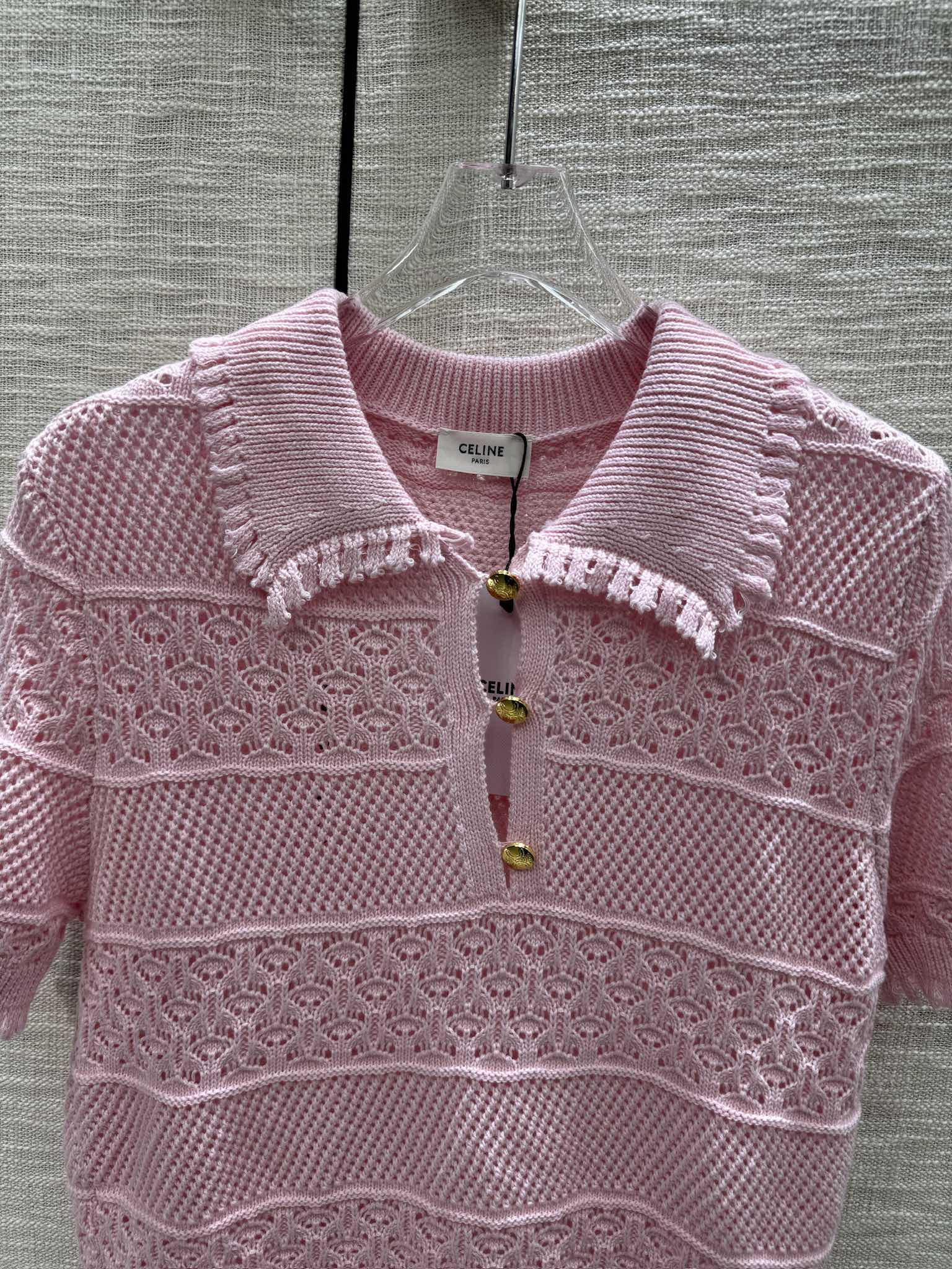 Celine-2404 - Ажурная вязаная футболка-поло с коротким рукавом, розовая