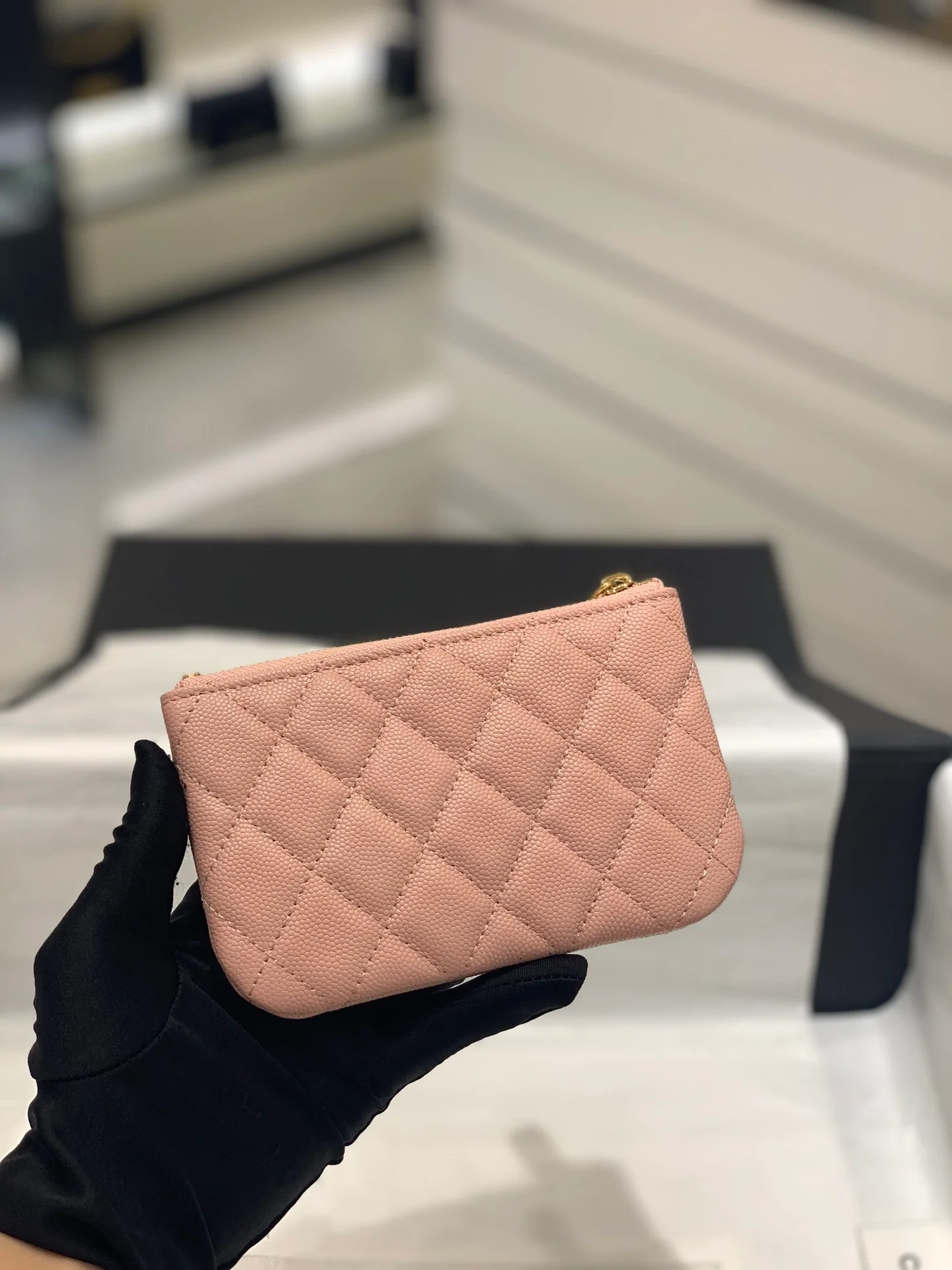 Chanel-19系列 经典皮革拉链零钱包 粉色金扣