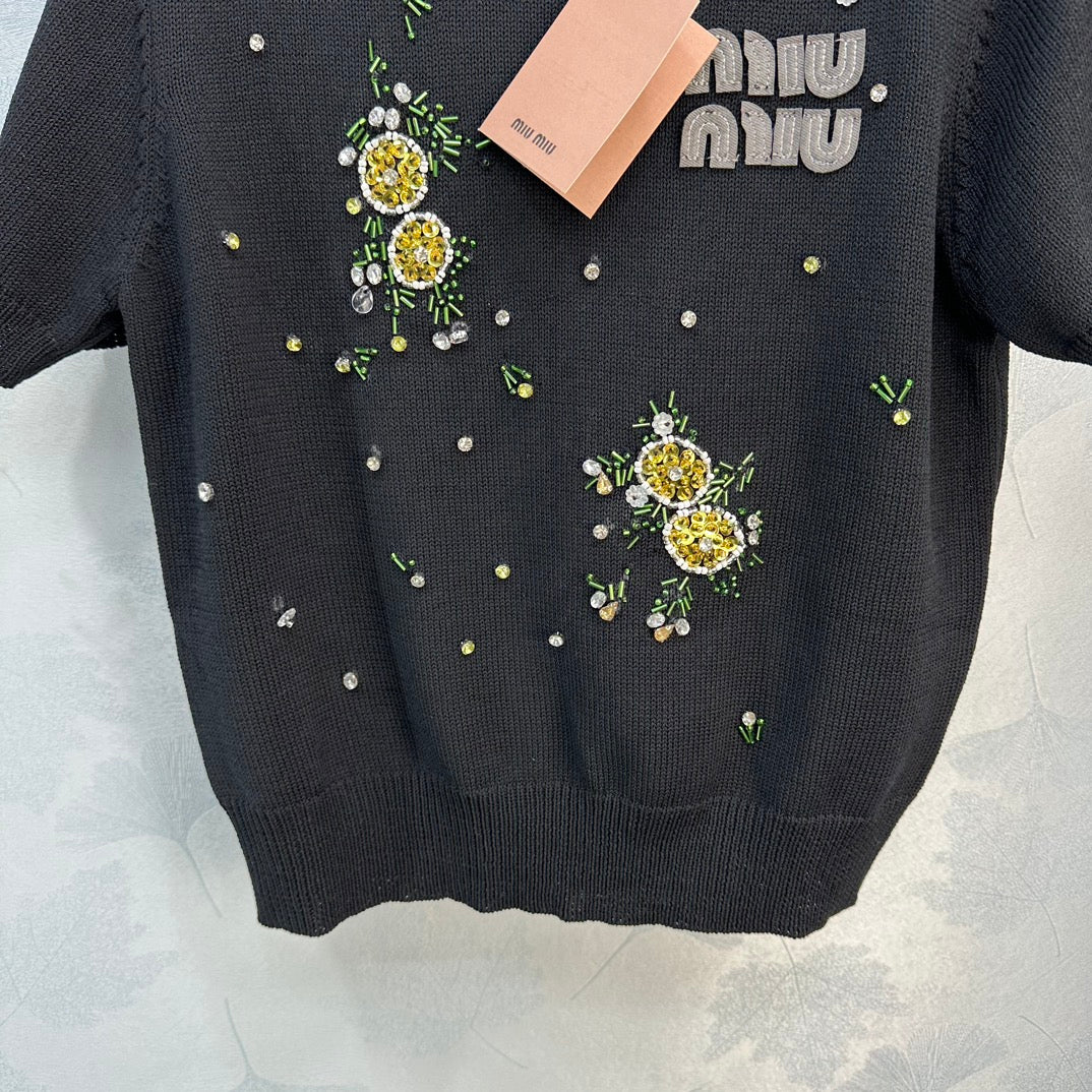 Miu Miu-2404 - Летняя новая толстая вязаная блузка с бисером