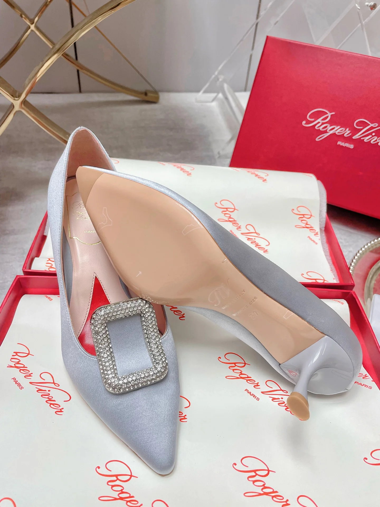 Обувь RV - Коллекция ранней весны 2022 года - Туфли на каблуке с острым носком - Серо-голубые
