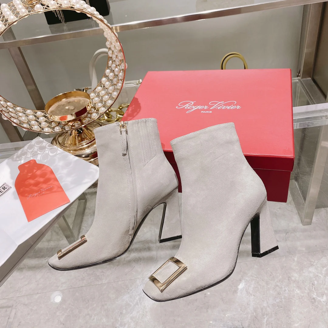 Обувь RV - Новинка осени 2022 - Металлические ботильоны с квадратным носком - Серая замша