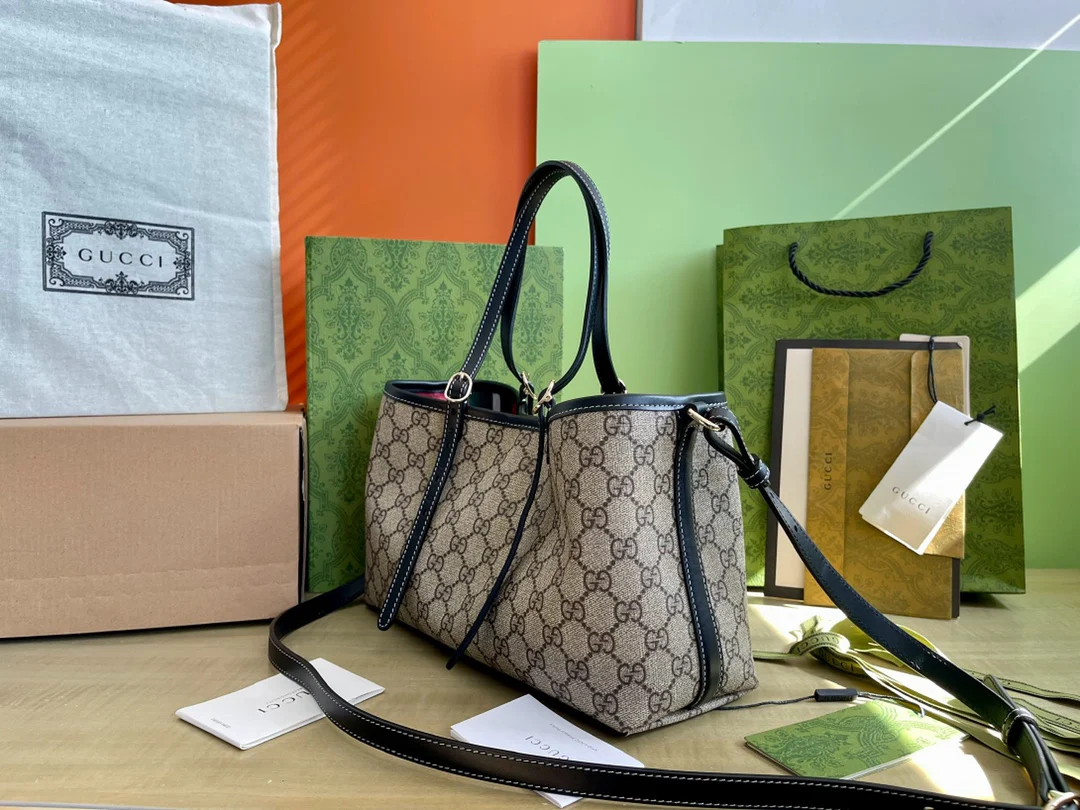 Маленькая сумка-тоут Gucci 2025 с отделкой из черной кожи - коричневая