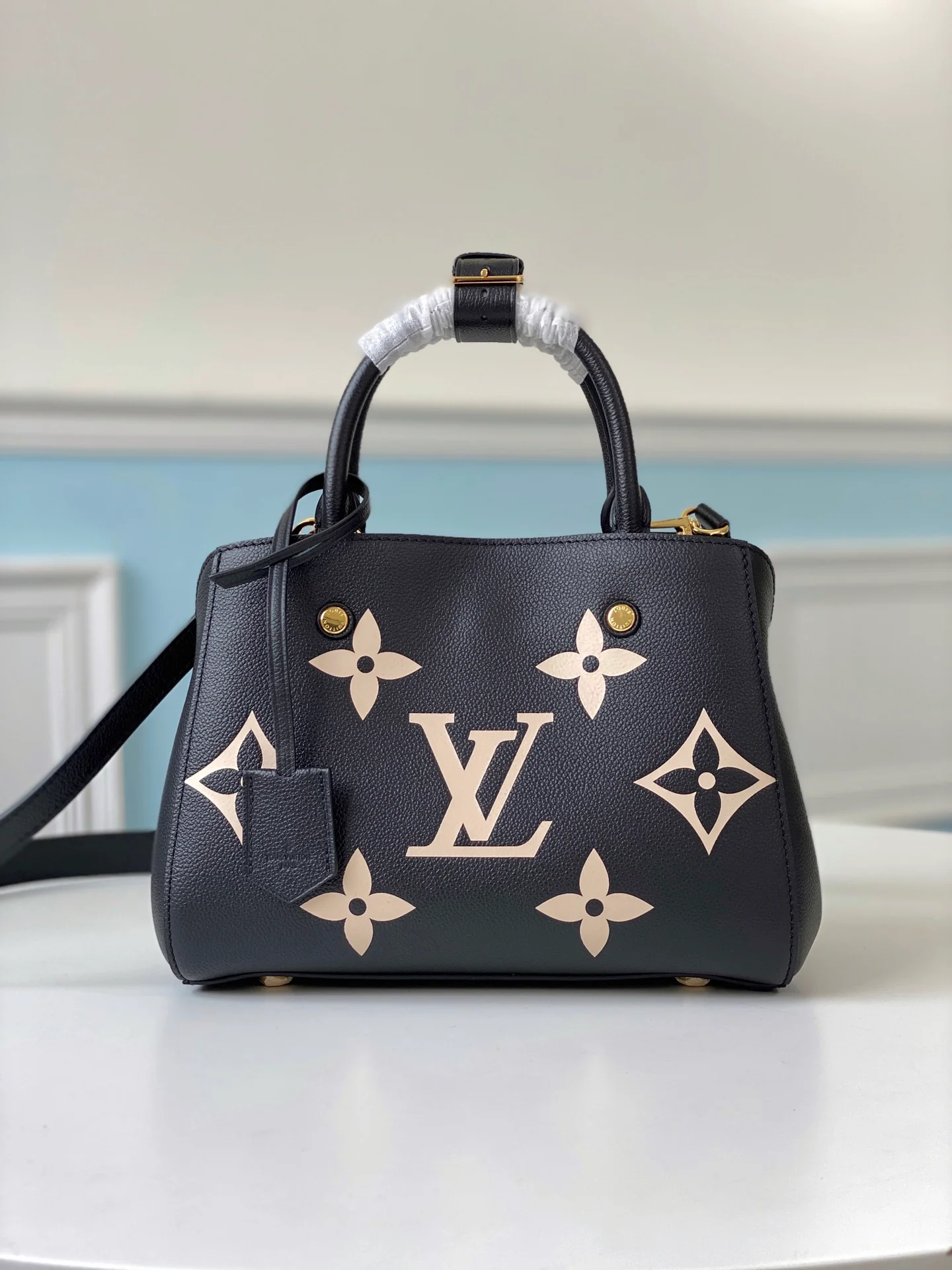 m41053-LV-Montaigne-Handbag-Small-Emboss Black with Large Floral Print