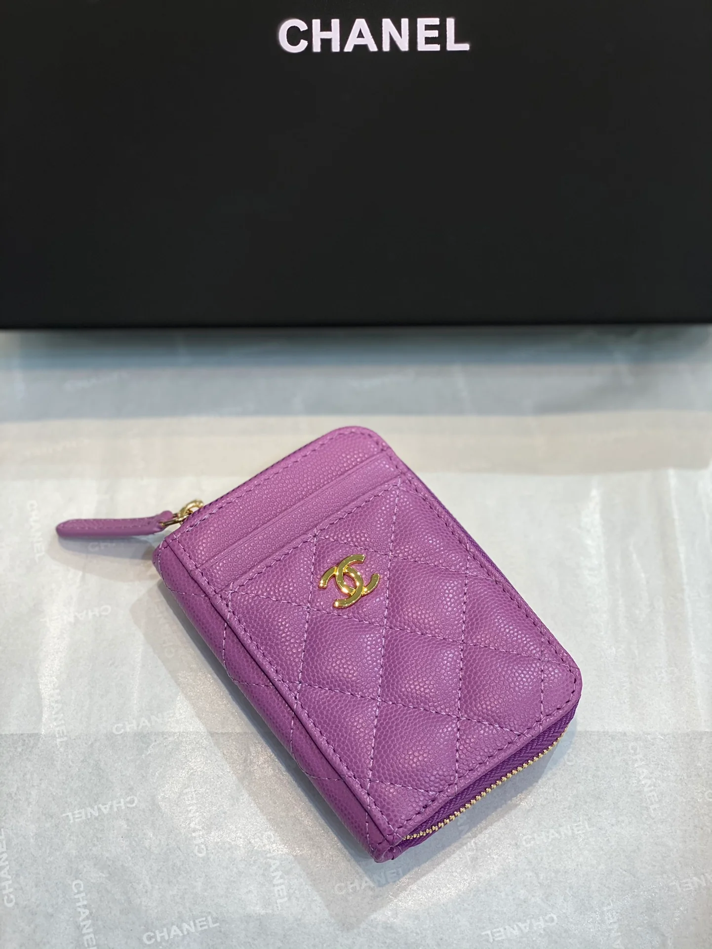 Chanel-菱格纹拉链卡包钱包 粉紫色